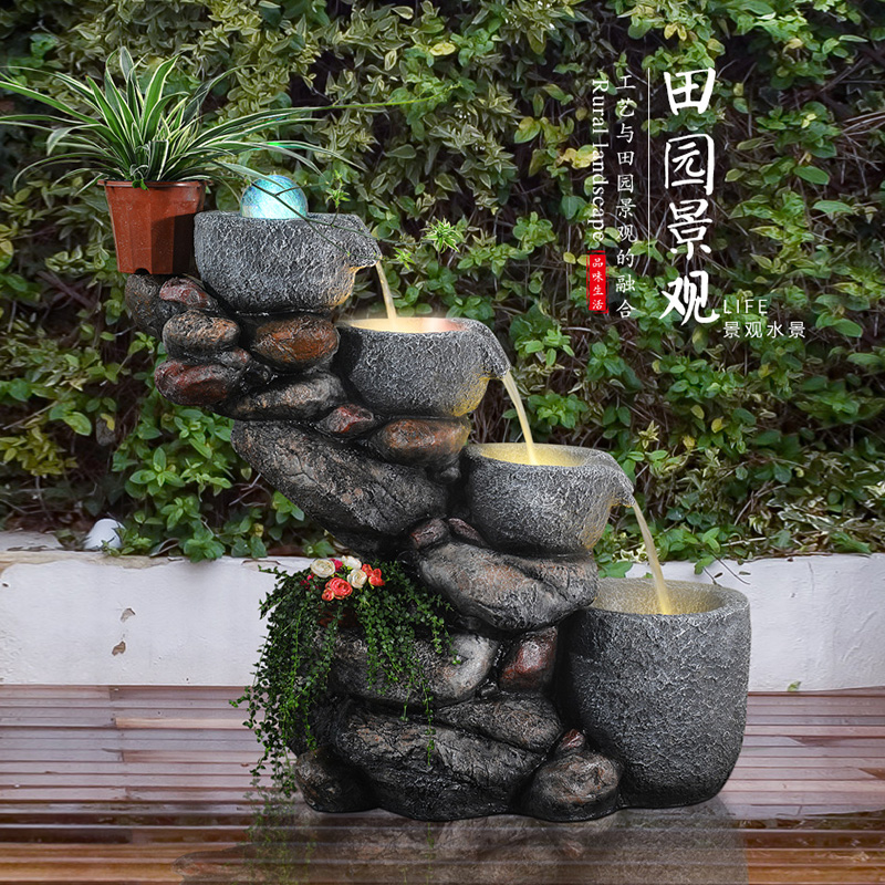 石头磨盘流水景观喷泉养鱼缸加湿器室外园林庭院花园鱼池落地摆件
