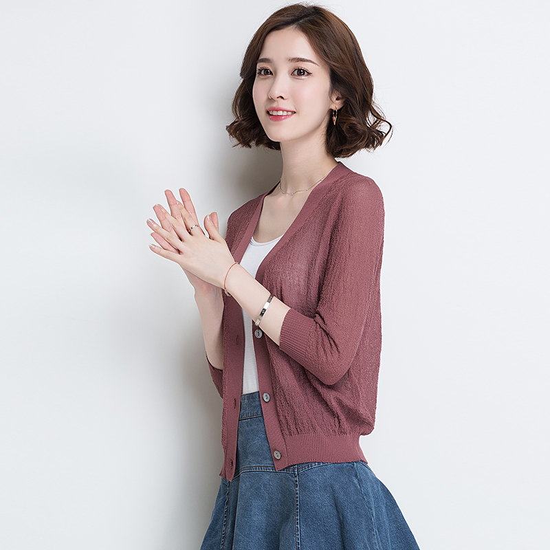 夏季韩版冰丝小开衫女薄七分袖针织衫短款宽松外搭纯色小披肩外套