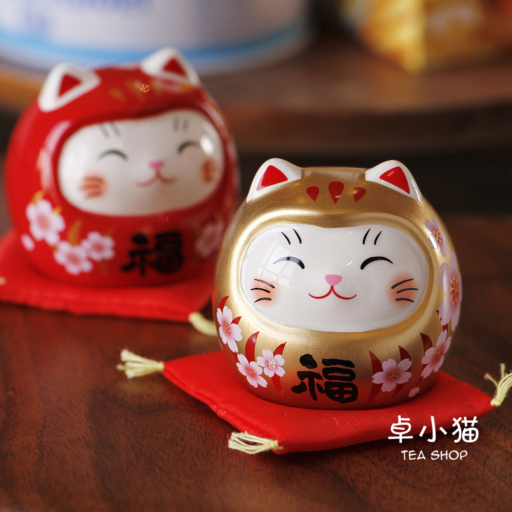 在途日本进口美浓烧达陶制可爱招福猫咪达摩开运摆件礼物
