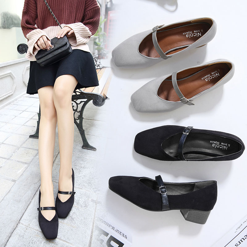 查看淘宝2017春季新款单鞋浅口玛丽珍女鞋一字带扣粗跟中跟方头女鞋