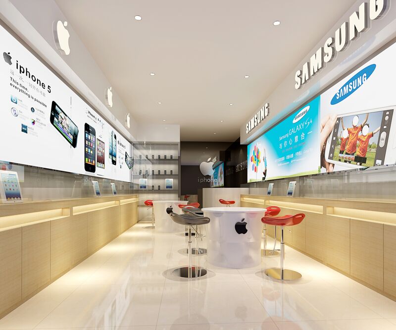 手机专卖店室内工装效果图3d设计 数码店营业厅装修门头设计素材