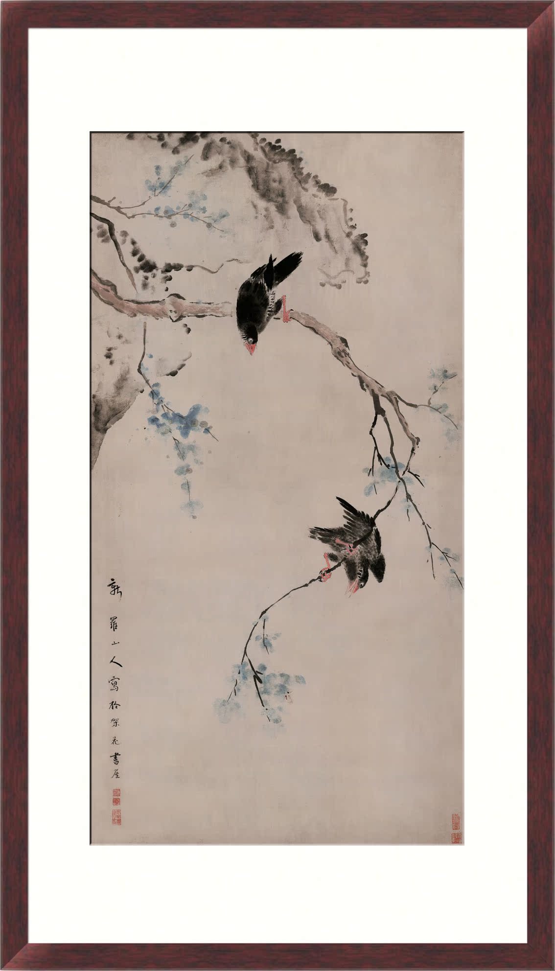 双栖图 清代淡雅花鸟国画书画已装裱 客厅办公室茶室带框实木挂画