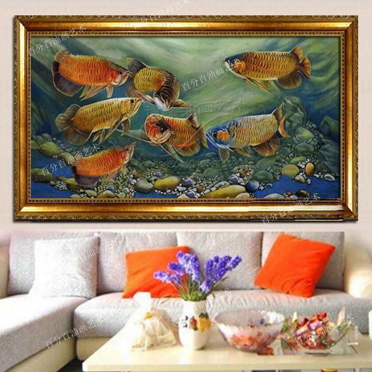 手绘油画金龙鱼风水装饰画现代简约鲤鱼挂画客厅年年有鱼镇宅辟邪