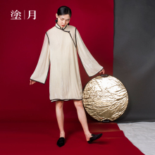 涂月复古改良旗袍连衣裙秋冬女长袖中国风玉石纽扣真丝丝绒裙显瘦图片