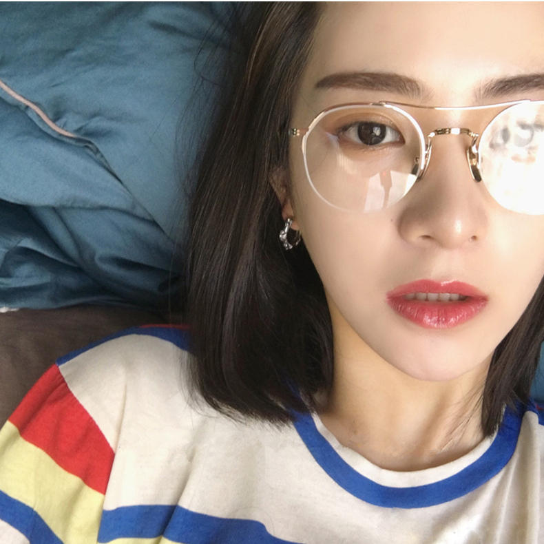 网红素颜复古半框眼镜架圆脸女金属平光镜韩版