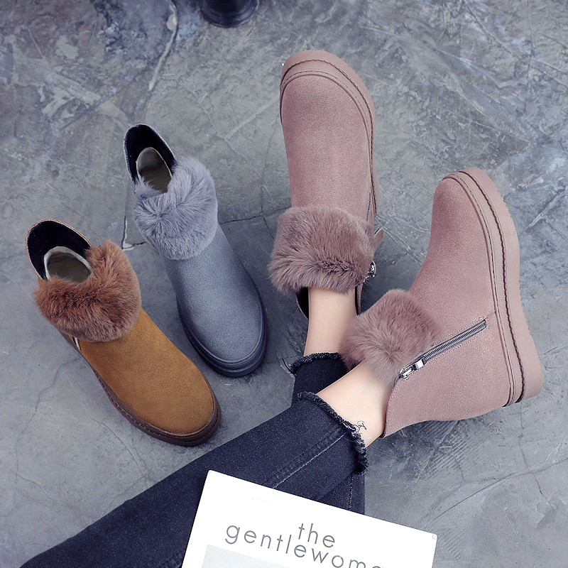 君嘉莉秋冬兔毛雪地靴真皮短靴平底女靴子磨砂冬靴加厚短筒棉鞋