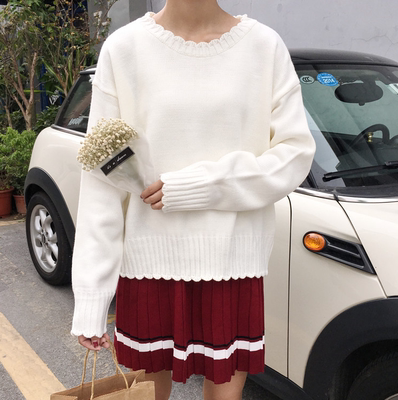 版时尚休闲套装新款秋冬女装波浪边毛衣上衣+