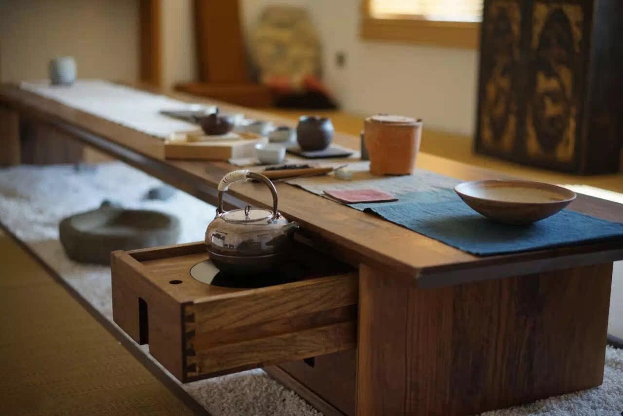 老榆木实木茶桌茶几矮茶桌组合黑胡桃新中式茶台简约禅意茶艺桌
