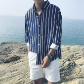 青年文艺寸衣海魂衫 夏季薄款 衬衫 胖子打底衫 男加肥加大码 条纹长袖