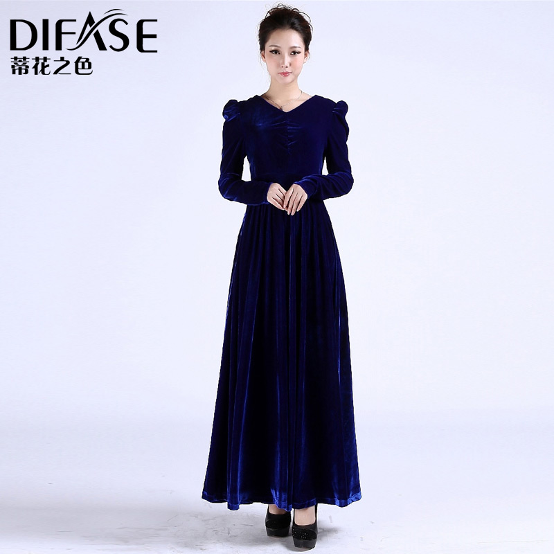 2015秋装新款韩版金丝绒连衣裙长袖拼接碎花