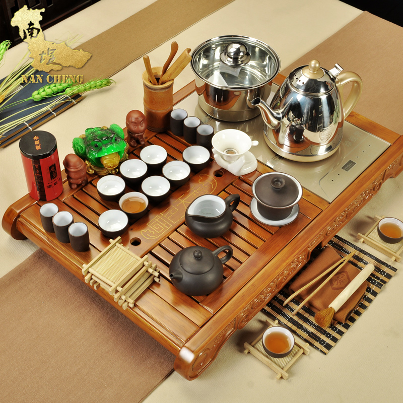 南埕  茶具套装 冰裂宜兴紫砂功夫茶具四合一高档实木茶盘整套