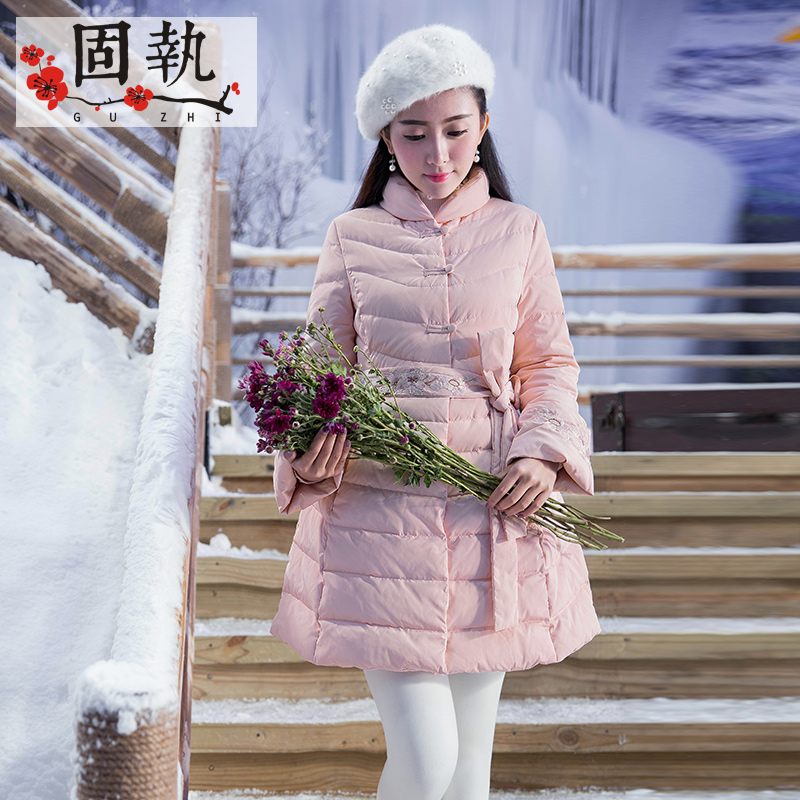 固执2016女装冬季新款文艺复古修身绑带绣花喇叭袖保暖羽绒服