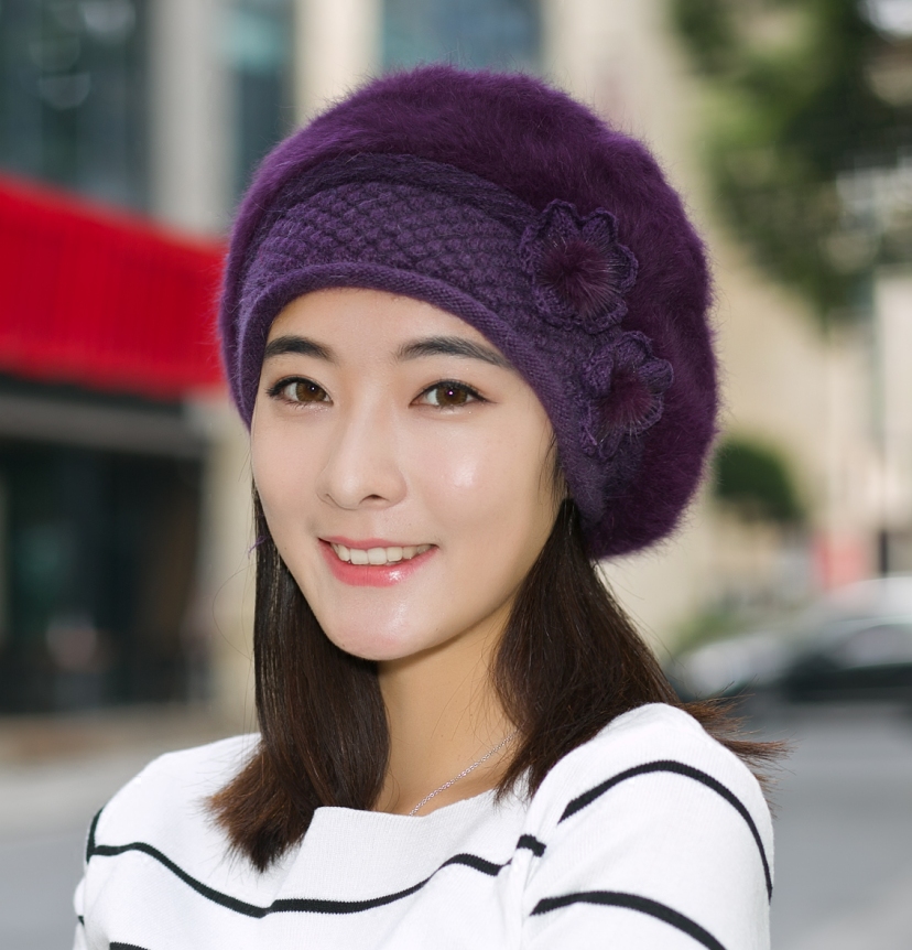 冬天帽子女 韩版兔毛帽 纯色贝雷帽加厚保暖针织毛线帽秋冬季时尚