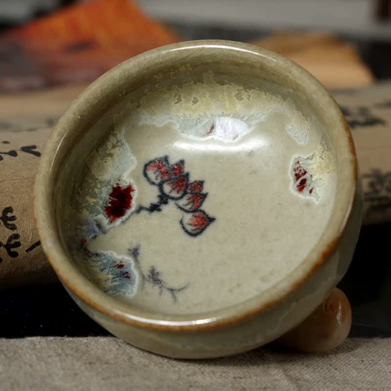 亦紫陶功夫茶具陶瓷茶杯 汝窑手绘粉彩品茗杯 潮汕功夫茶小品三足