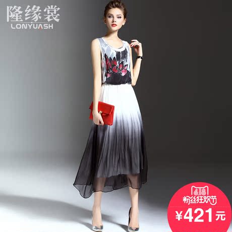 隆缘裳2016夏装新款女装时尚印花复古无袖大摆褶皱真丝连衣裙8787商品大图