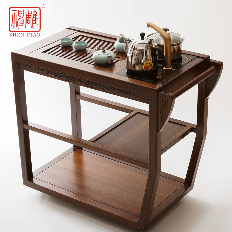 神雕茶盘茶桌电磁炉四合一鸡翅仿古茶台功夫茶几实木茶盘移动茶车