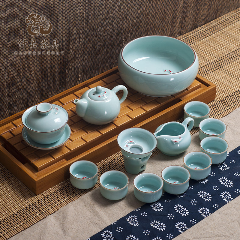 潮汕茶道龙泉青瓷高档西施壶整套功夫茶具14件大套装浮雕鲤鱼
