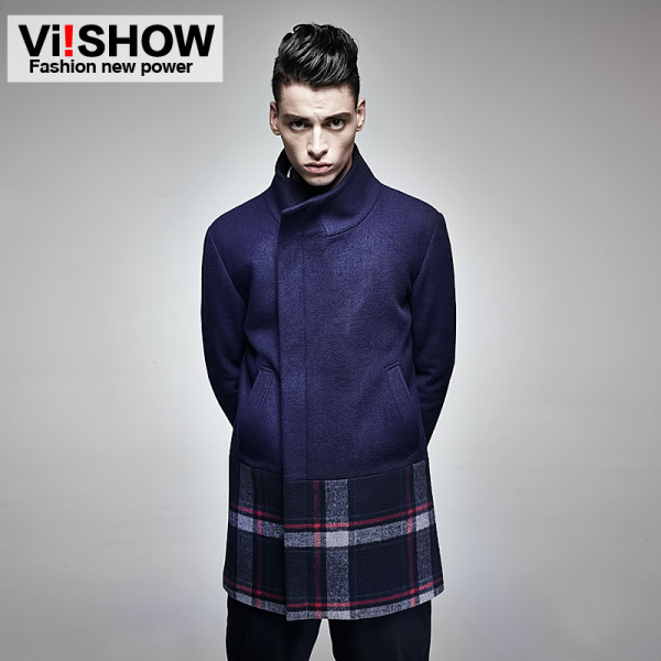 正品<em>男风衣</em> <em>viishow</em>男装 中长款 格子毛呢大衣立