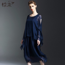 惊束欧洲站秋季女装欧货潮流真丝拼接桑蚕丝两件套连衣裙中长款图片