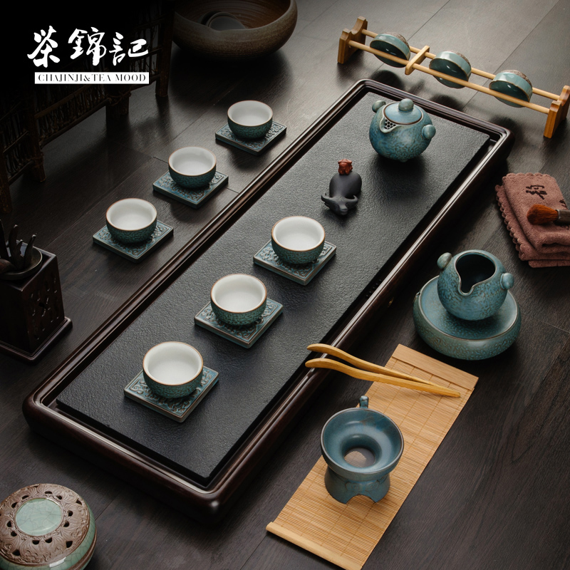茶锦记乌金石黑檀木茶盘简约平板实木茶具盘功夫茶 排水托盘套装