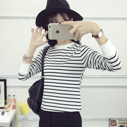 新款韩版黑白条纹修身2016长袖T恤女秋打底衫莫代尔大码女装上衣