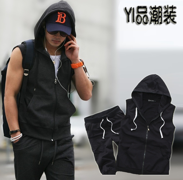 热销运动<em>马甲</em> <em>卫衣</em>男新款 连帽外套七分裤 背心