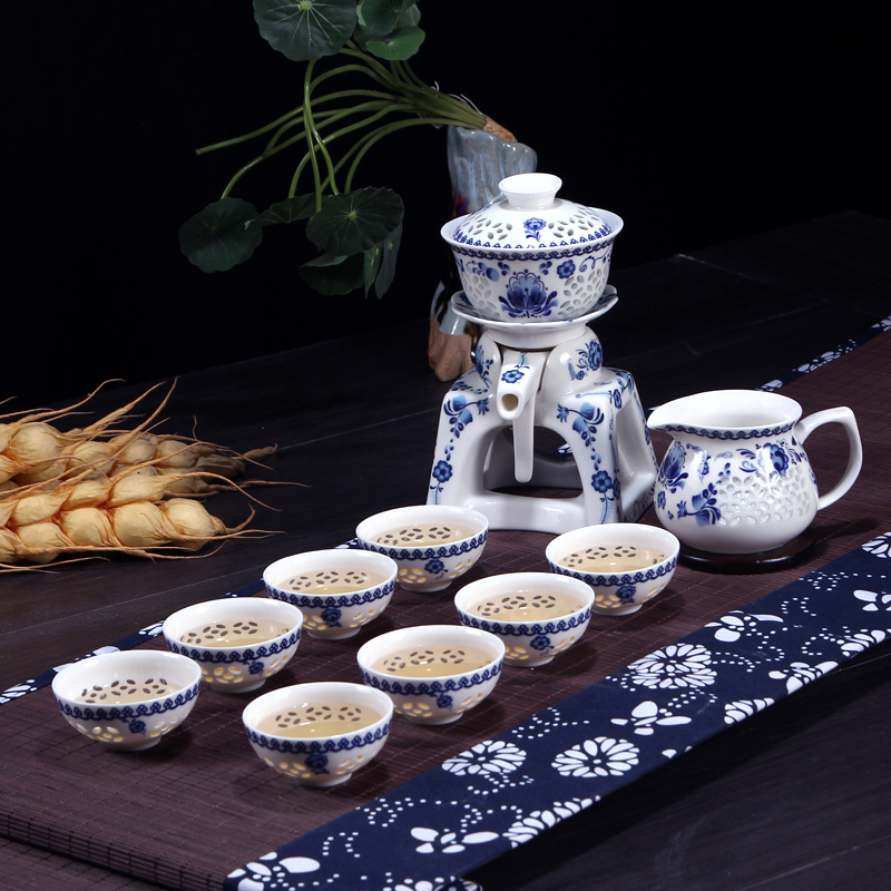全自动玲珑茶具青花瓷镂空防烫陶瓷茶具套装半自动功夫冲茶器整套