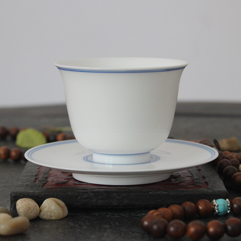 百弘茶器 景德镇陶瓷杯子 手绘青花瓷玄纹杯托组 套装品茗杯茶杯