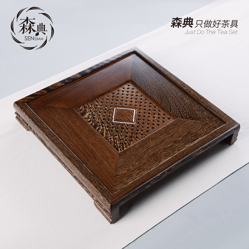 鸡翅木茶盘简约小号平板抽屉式排水储水茶具特价功夫整块实木托盘