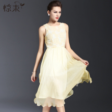 惊束夏季真丝刺绣连衣裙女长裙度假无袖中长款裙子显瘦背心裙图片