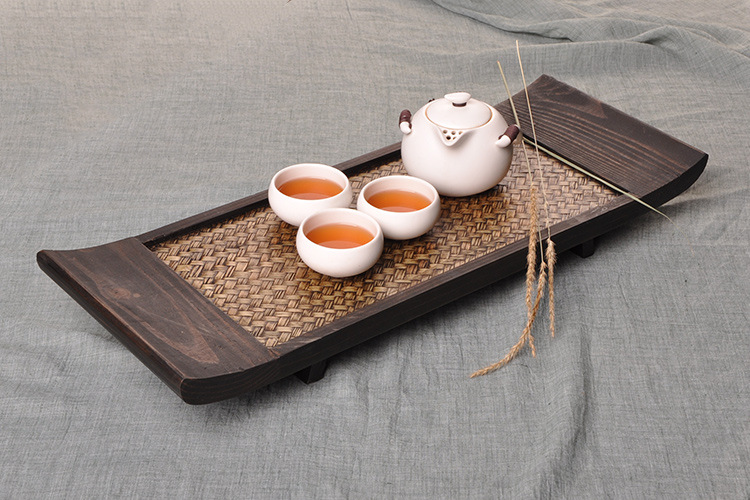 泰国风格托盘茶盘藤竹编长方形托盘 木制餐盘托盘茶具东南亚会所