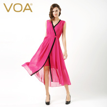 VOA梅红双层真丝乔其镶边和服领无袖中腰裹衣式飘逸连身裙A6585图片