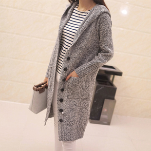 娇图2015新款秋装女装<em>中长款</em>扣子<em>连帽针织</em>衫