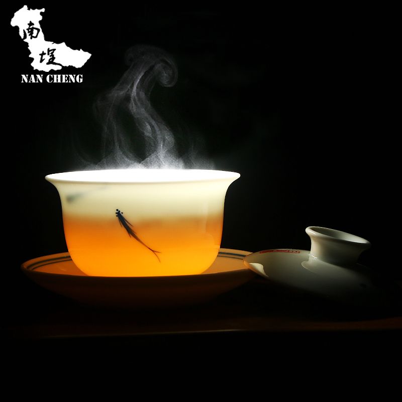 南埕品牌三才盖碗 纯手绘三鱼图高白瓷茶备 陶瓷功夫茶具茶道配件