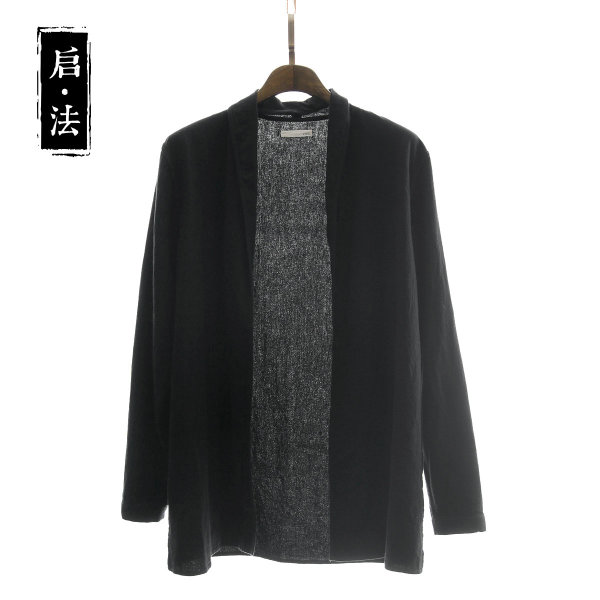 正品男风衣 启法原创男装 春装 黑色棉麻上衣男