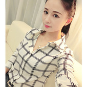 淑女衫 防晒防紫外线 透气时尚 新修身 衬衫 翻领格子扣子女长短袖 韩版
