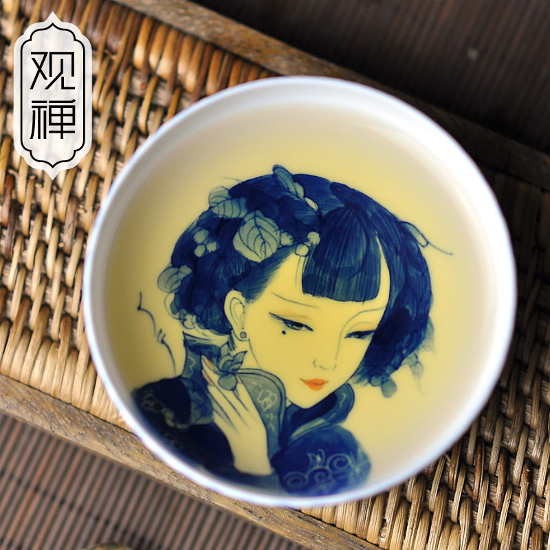 观禅 景德镇全手工茶杯陶瓷茶碗 手绘青花美女品茗杯主人茶杯茶具