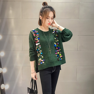 香港代购秋冬新款亮片钉珠圆领宽松长袖大毛衣