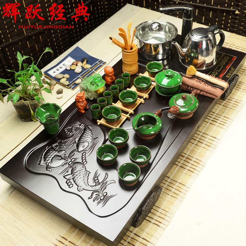 辉跃经典 茶具套装整套紫砂功夫茶具四合一电热磁炉实木茶盘套装