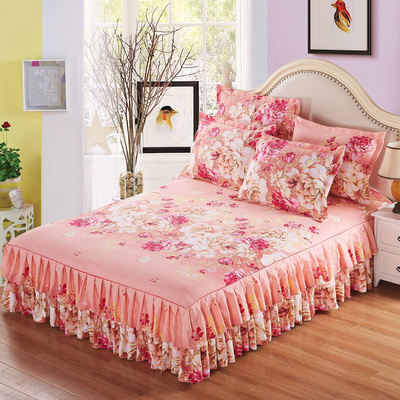 加厚床裙全棉磨毛四件套婚庆大红床罩纯棉被套