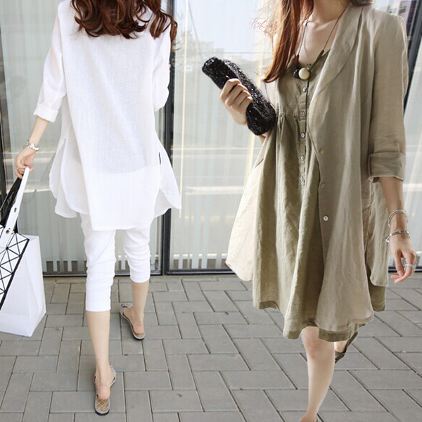 热销女衬衫 女亚麻衬衫 长袖 韩版 中<em>长款</em> <em>开衫</em>