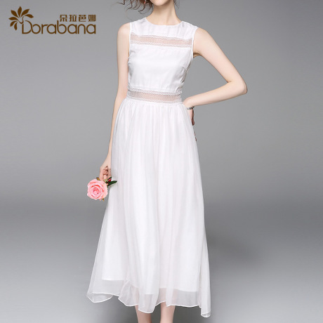 真丝连衣裙长款女2017新款朵拉芭娜无袖圆领修身收腰裙气质大摆裙商品大图