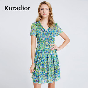 koradior/珂莱蒂尔正品2016夏季新品时尚印花弹力网纱修身连衣裙