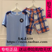 韩版 男夏季短袖 家居服套装 针织纯棉圆领格子五分裤 玉茄子睡衣正品