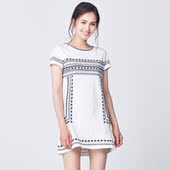 棉质连衣裙女160228095 圆领印花图案短袖 Weekend夏装 艾格Etam