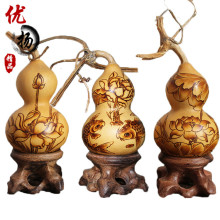 手工烫画荷花鲤鱼小葫芦把件 风水文玩葫芦摆件 天然手捻葫芦烙画