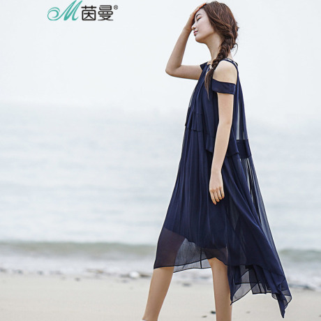 茵曼旗舰店2017夏装新款宽松无袖显瘦性感露肩真丝连衣裙女背心裙商品大图