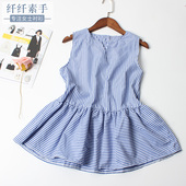 蓝色无袖 女2017夏季新款 背心荷叶边上衣裙摆娃娃衫 时尚 条纹衬衫