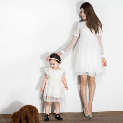 亲子装礼服裙一字领露肩母女装夏儿童公主裙孕
