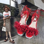 女真皮露趾交叉绑带坡跟高跟凉鞋 流苏厚底松糕凉鞋 2017夏季新款